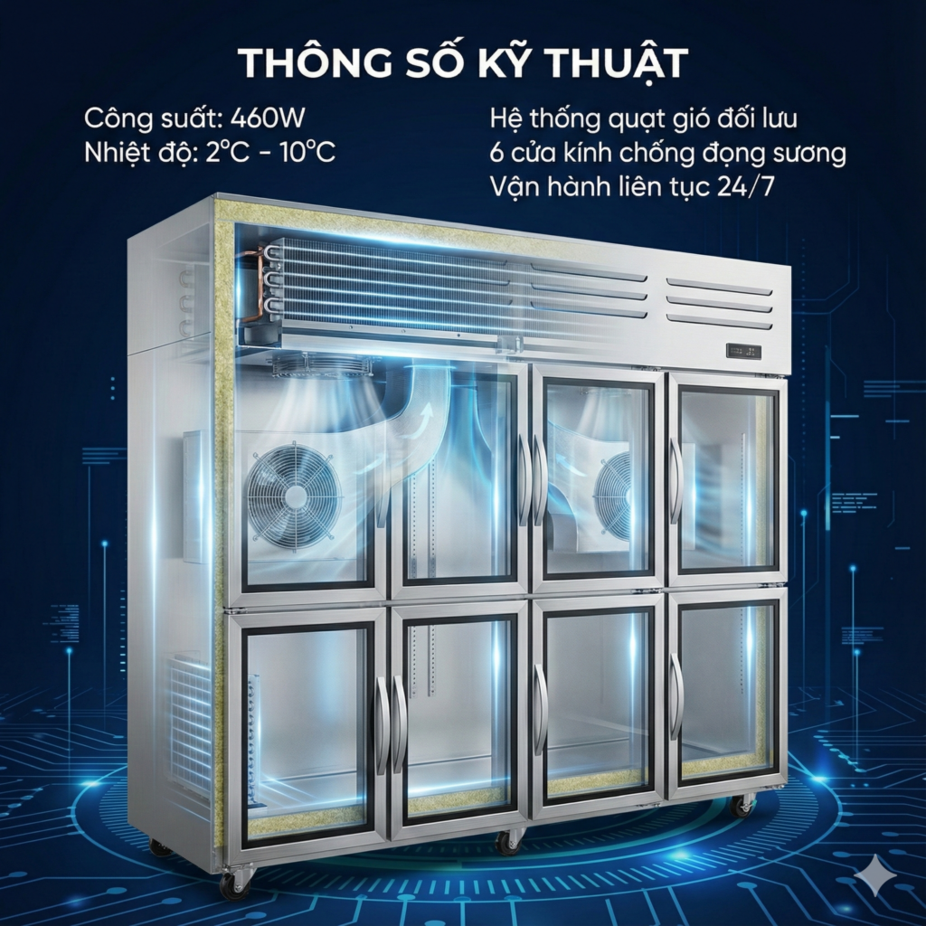 Tủ mát 6 cửa kính đứng công suất 460W