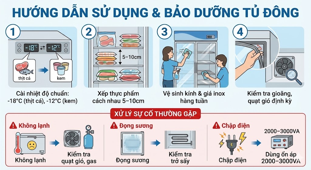 Cách Sử Dụng Và Bảo Dưỡng Tủ Đông 2 Cửa Kính Đứng Công Suất 1100W