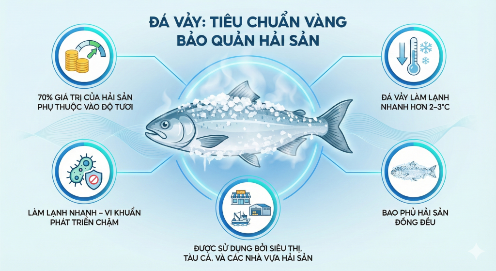 Vì sao đá vảy trở thành “tiêu chuẩn vàng” trong bảo quản hải sản?