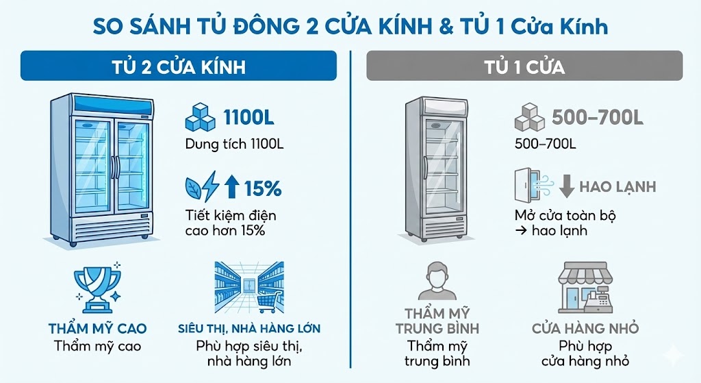 So sánh lợi ích tủ đông 2 cửa kính đứng với tủ đông 1 cửa kính
