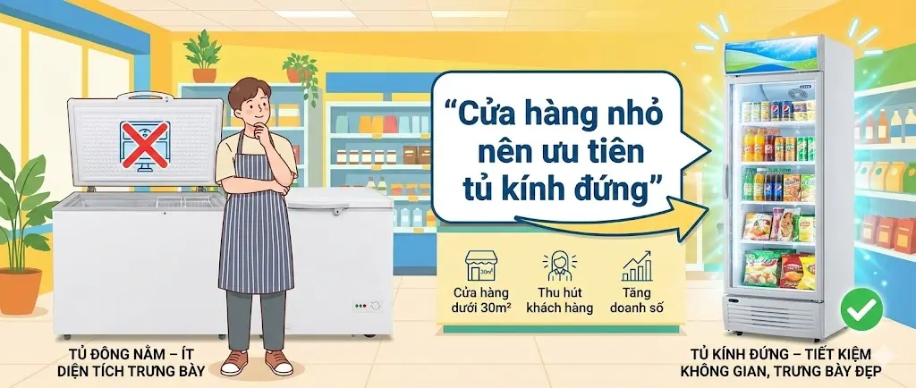 Tủ đông nằm ngang và tủ đông 2 cửa kính đứng