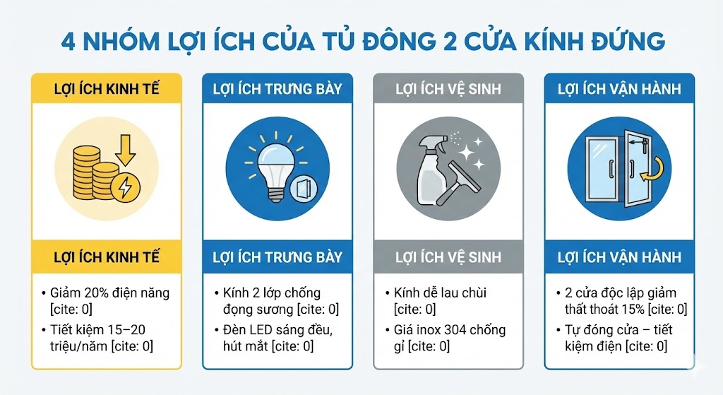 lợi ích của tủ đông 2 cửa kính đứng công suất 1100W